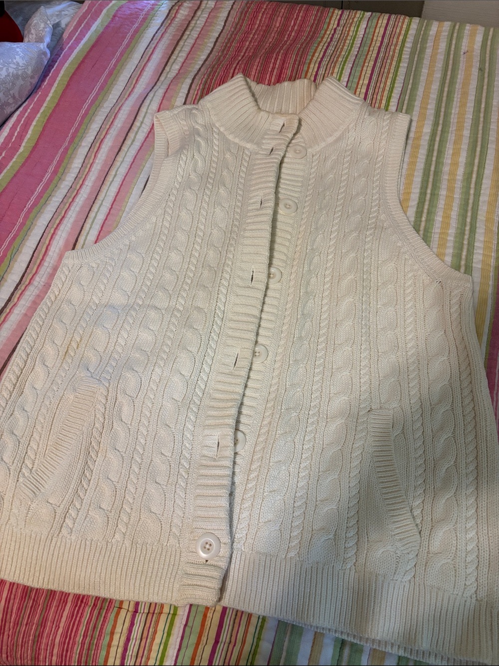 Talbots Cream Cable-Knit Sleeveless Button-Front Cardigan Vest